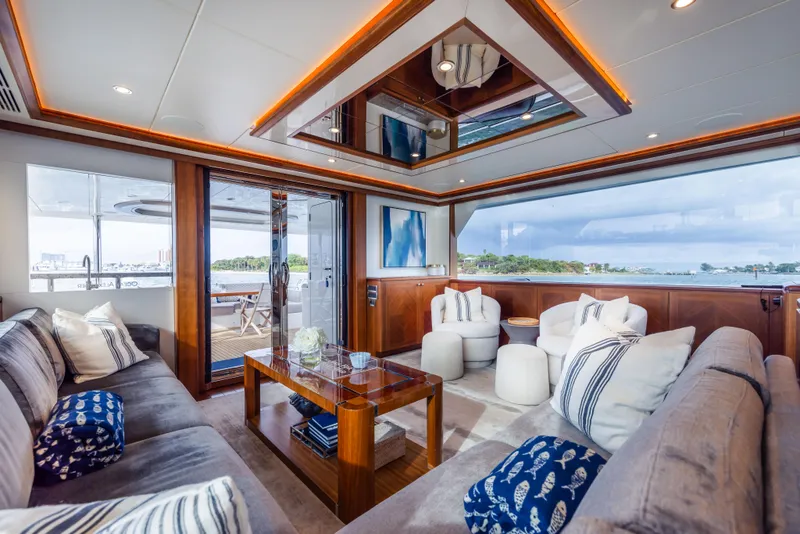 Slide: The Image of Luxurious interior of 2018 Ocean Alexander 85 E yacht with elegant seating and ocean views. - 19