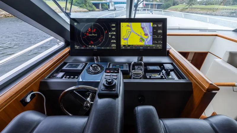 Slide: The Image of Pilothouse of 2018 Ocean Alexander 85 E yacht with advanced navigation systems. - 26