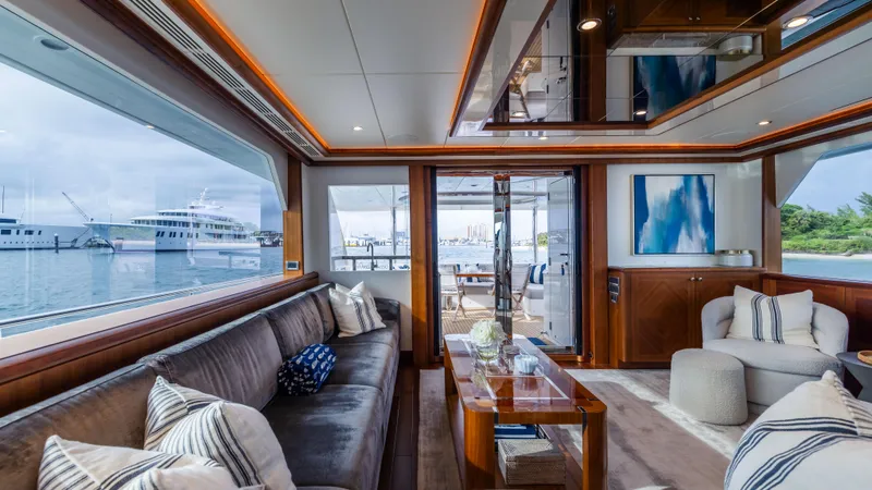 Slide: The Image of Luxurious interior of 2018 Ocean Alexander 85 E yacht with elegant seating and large windows. - 35