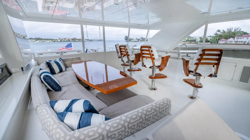 Slide: The Image of Luxurious interior of 2018 Ocean Alexander 85 E yacht with elegant seating and dining area. - 48