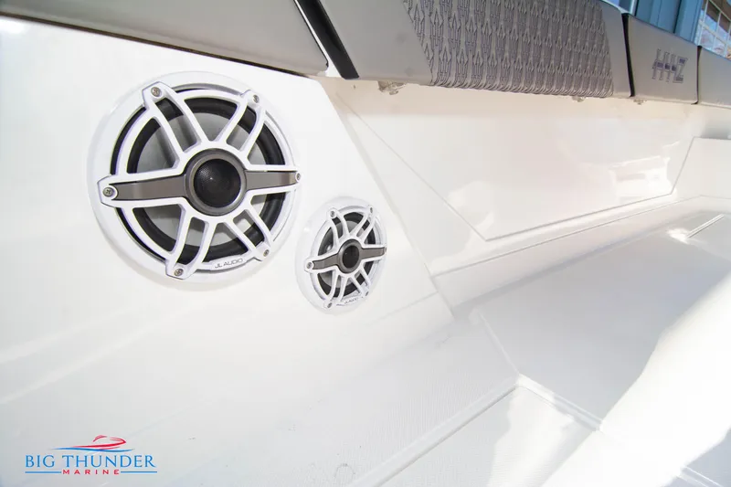 Slide: The Image of Hayaari Marine H44Z 2023 boat interior with built-in speakers, Big Thunder Marine logo. - 37