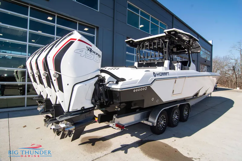 Slide: The Image of 2023 Hayaari Marine H44Z boat with quad engines on a trailer. - 5