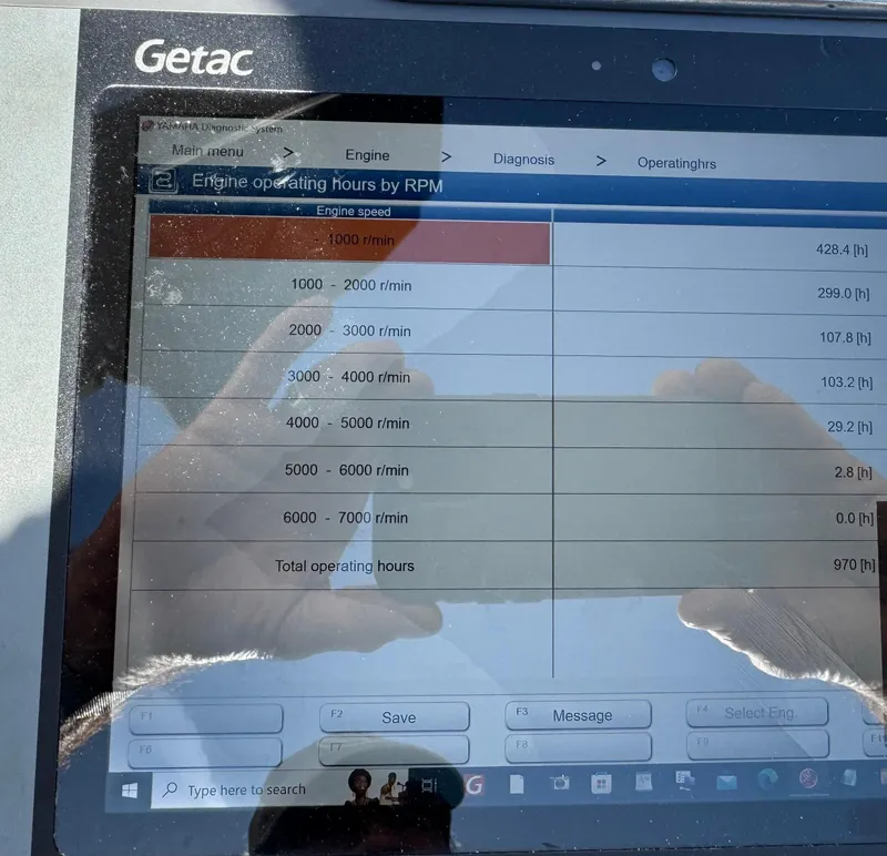 Slide: The Image of Getac tablet displaying engine operating hours for 2017 Hurricane SunDeck 2200 DC OB. - 39
