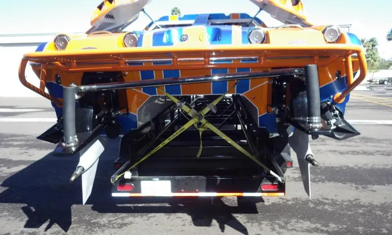 Slide: The Image of 2007 Nor-Tech 3600 Supercat powerboat rear view on trailer. - 4