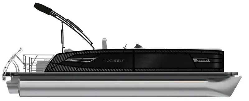 Slide: The Image of 2024 Godfrey AP 235 SBC pontoon boat, side view, black exterior, sleek design. - 1