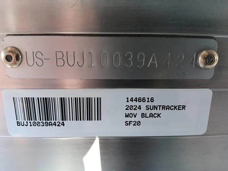Slide: The Image of 2024 Sun Tracker SportFish 20 DLX boat identification plate and barcode. - 7