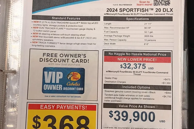 Slide: The Image of 2024 Sun Tracker SportFish 20 DLX boat features, pricing, and discount card offer. - 8