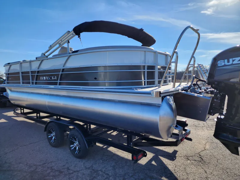 Slide: The Image of 2024 Trifecta 24RF LE 2 75 pontoon boat on trailer, side view. - 6