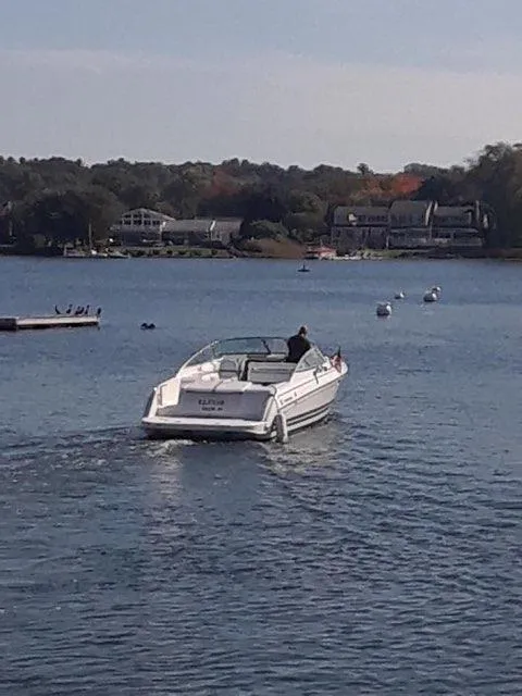 Slide: The Image of 2000 Formula 33SS boat cruising on a calm lake near a residential area. - 6