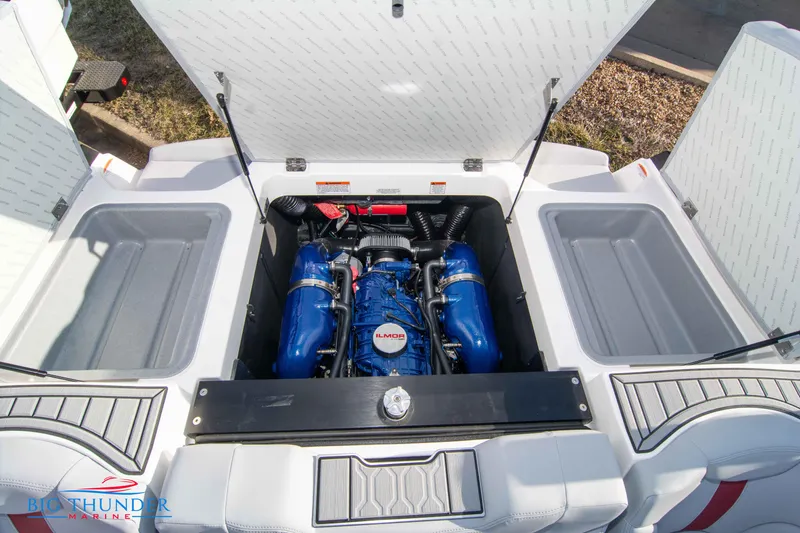 Slide: The Image of 2024 MasterCraft XT25 boat engine compartment with Ilmor engine. - 48