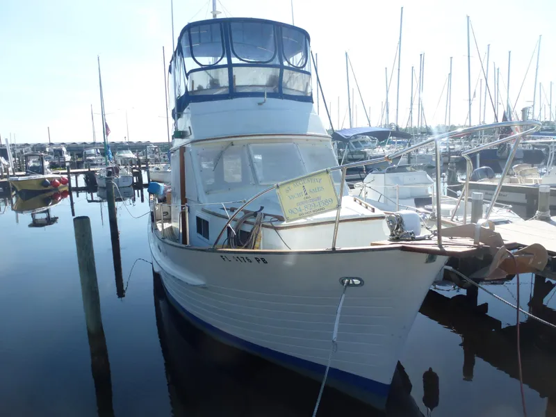 Slide: The Image of 1983 Island Gypsy Trawler docked at a marina with other boats. - 28