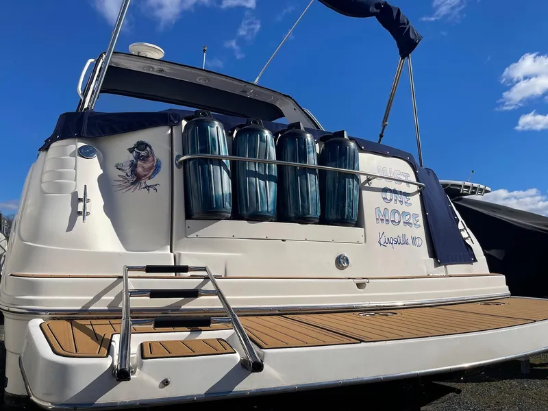 Slide: The Image of 2001 Rinker 310 Fiesta Vee boat stern with fenders and bird artwork. - 3