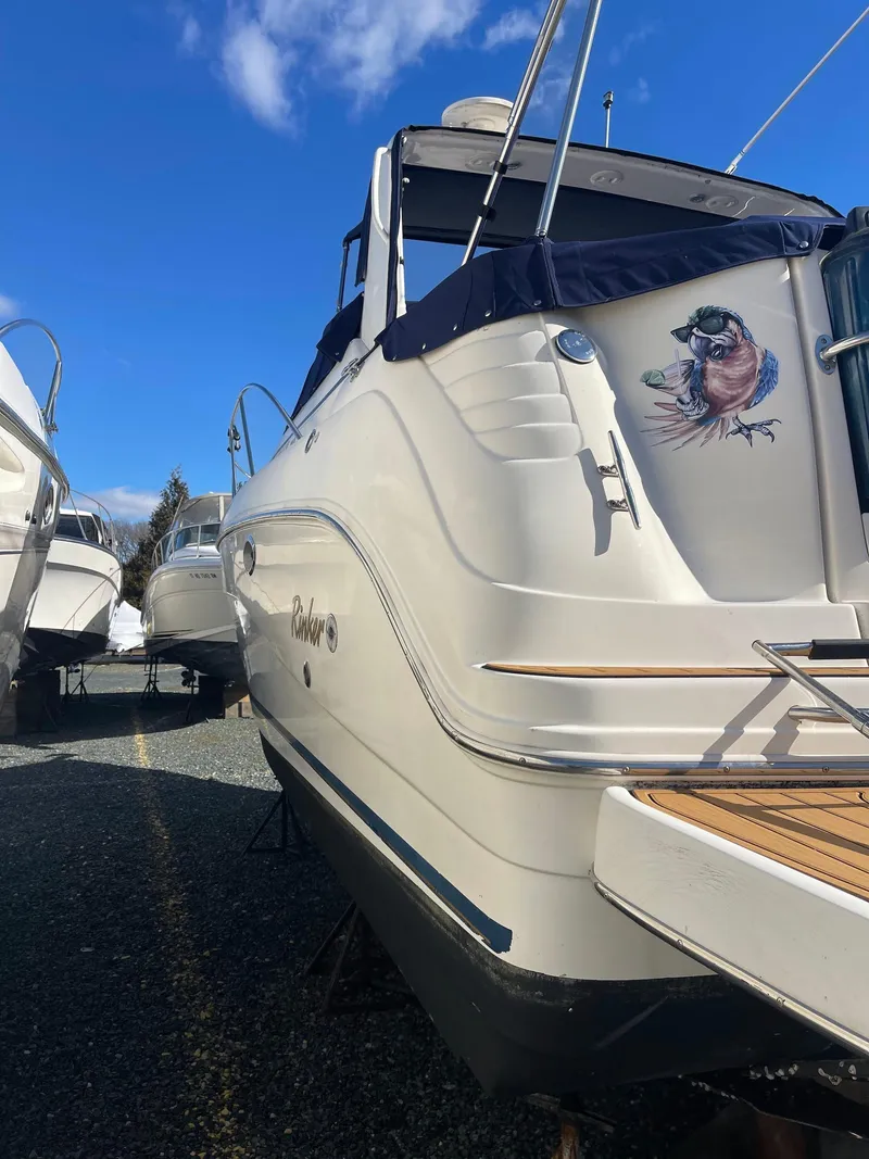 Slide: The Image of 2001 Rinker 310 Fiesta Vee boat with bird artwork, docked on a sunny day. - 4