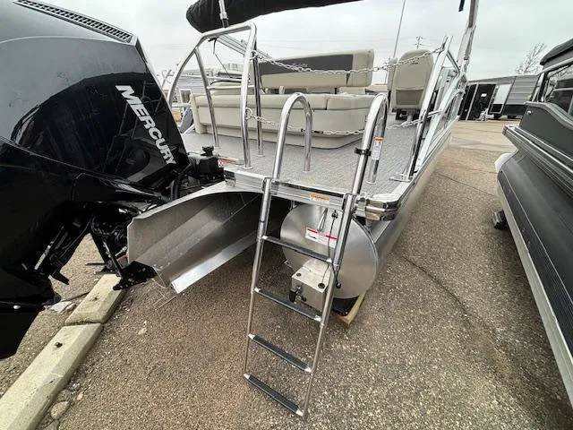 Slide: The Image of 2024 Barletta ARIA 22UC pontoon boat with Mercury engine and boarding ladder. - 25