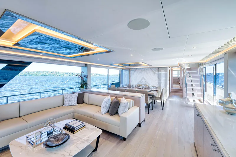 Slide: The Image of Luxurious interior of 2024 Ocean Alexander 32L yacht with modern furnishings and panoramic ocean views. - 19
