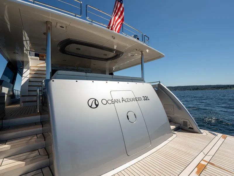 Slide: The Image of 2024 Ocean Alexander 32L luxury yacht on open water. - 38