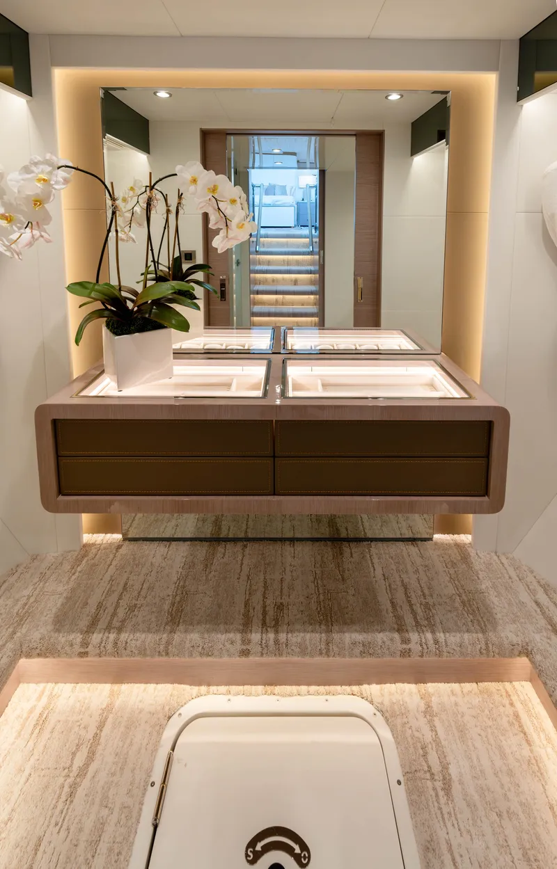 Slide: The Image of Luxurious bathroom in 2024 Ocean Alexander 32L yacht with modern design and elegant lighting. - 4