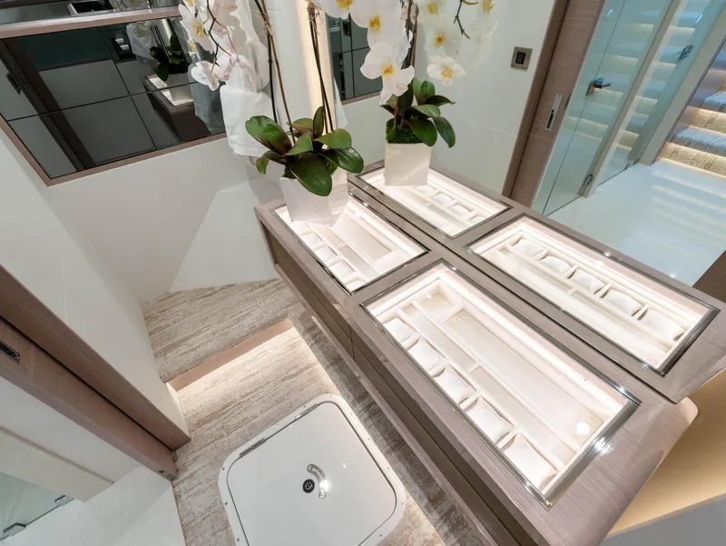 Slide: The Image of Luxurious bathroom vanity on the 2024 Ocean Alexander 32L yacht with elegant decor. - 5