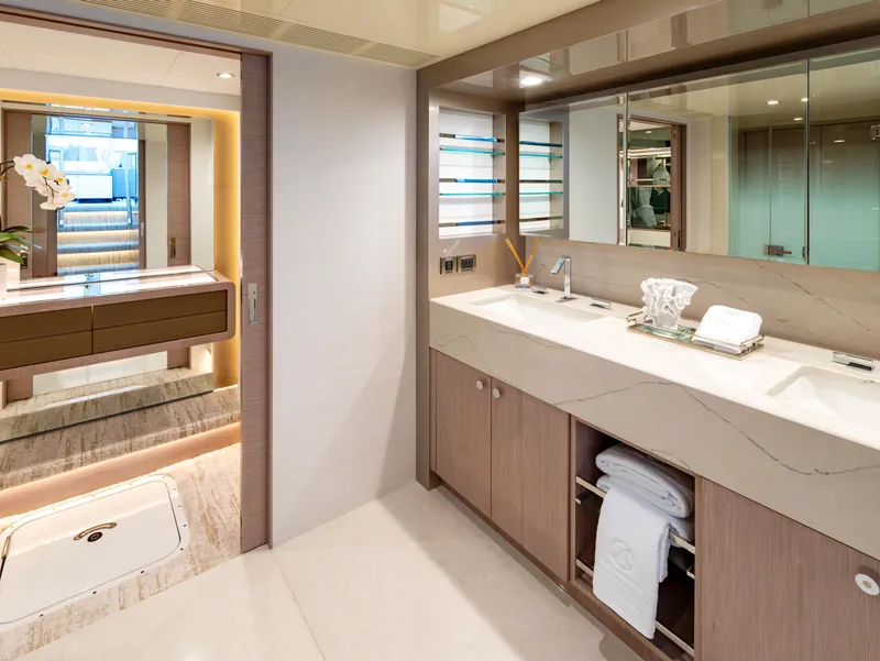 Slide: The Image of Luxurious bathroom in 2024 Ocean Alexander 32L yacht with modern fixtures and elegant design. - 9