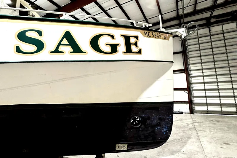 Slide: The Image of Custom 1993 Steel Trawler "SAGE" in storage facility. - 3