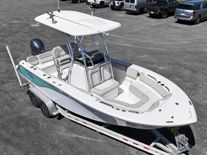 Slide: The Image of 2021 Sea Fox 228 Commander boat on trailer, parked in a lot. - 7
