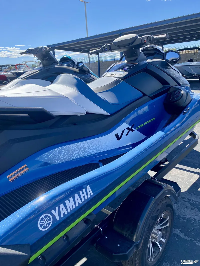 Slide: The Image of 2024 Yamaha WaveRunner VX Cruiser with Audio, blue jet ski on trailer. - 1