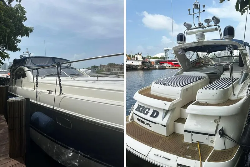 Slide: The Image of 2004 Fairline Targa 52 yacht docked, side and rear views. - 2