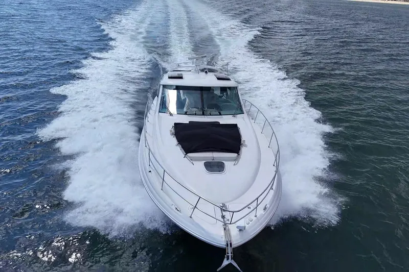 Slide: The Image of Luxurious bathroom interior of 2008 Sea Ray 480 Sundancer yacht with shower and porthole. - 30