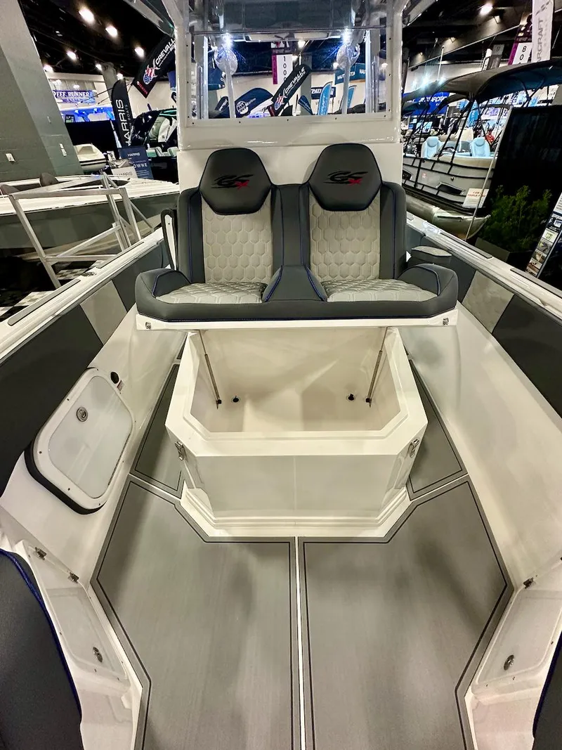 Slide: The Image of 2024 Glasstream 32 GSX boat interior at a boat show. - 10