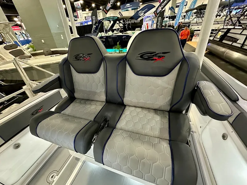 Slide: The Image of 2024 Glasstream 32 GSX boat seats with hexagonal pattern upholstery. - 12