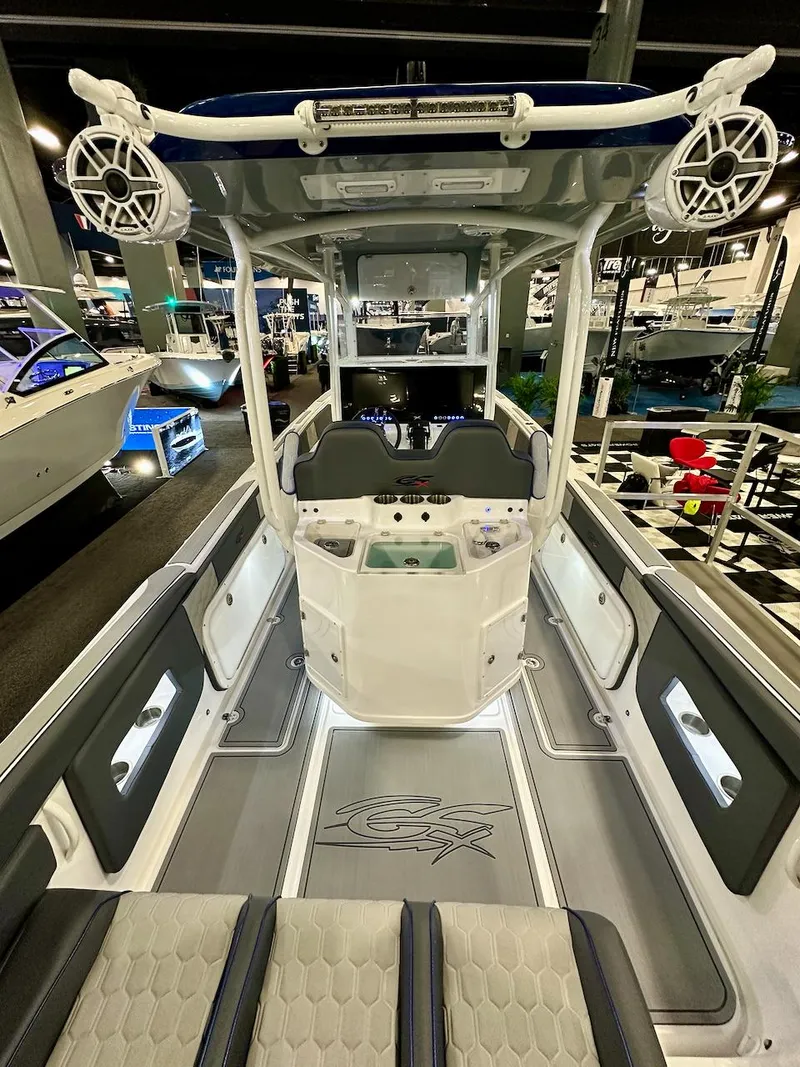 Slide: The Image of 2024 Glasstream 32 GSX boat interior with advanced navigation and seating. - 19