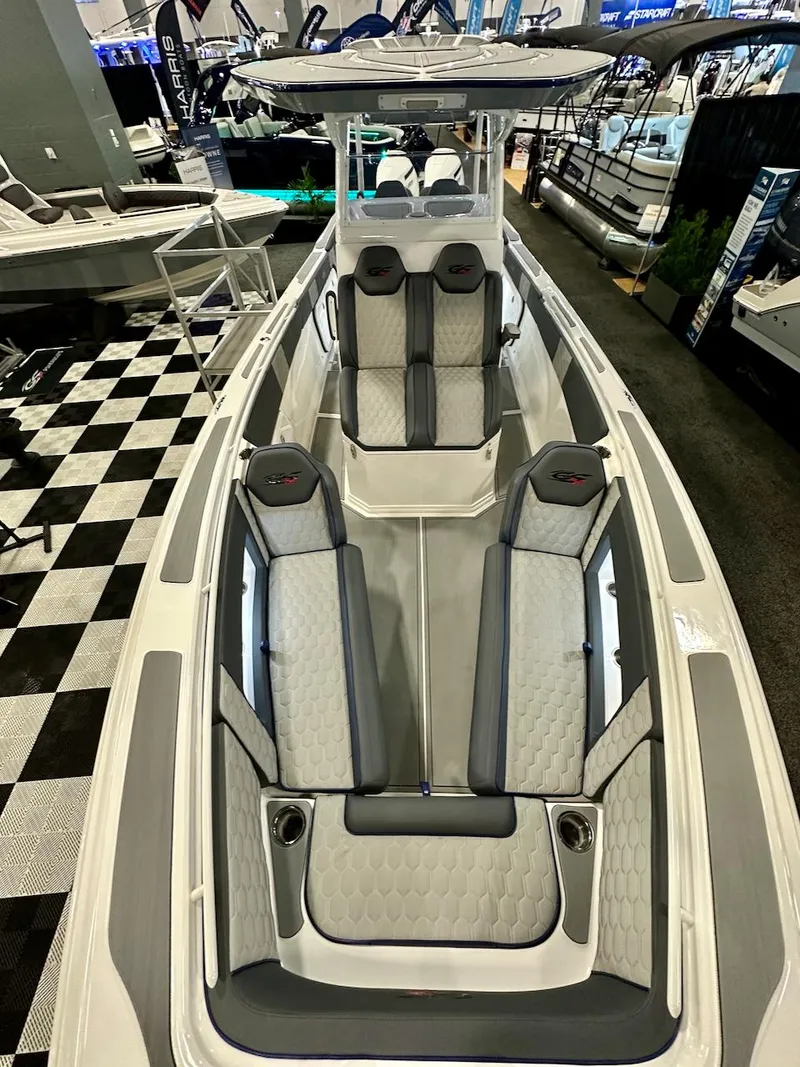 Slide: The Image of 2024 Glasstream 32 GSX boat interior with luxurious seating and modern design. - 7