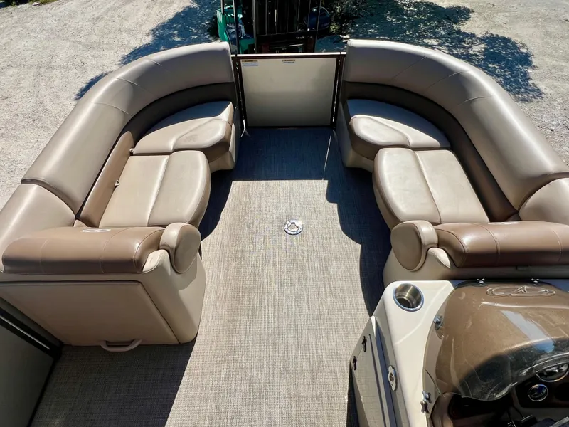 Slide: The Image of 2016 Crest Veranda V2275RC pontoon boat interior with beige seating. - 15