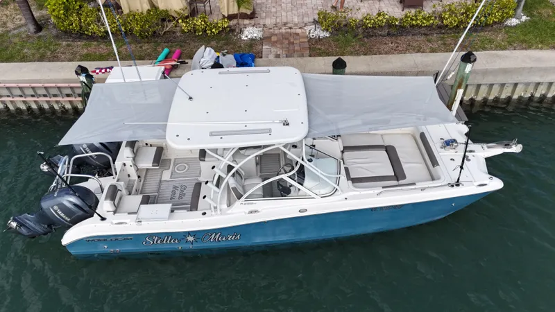 Slide: The Image of Aerial view of 2019 World Cat 255 DC boat docked by a pier. - 10