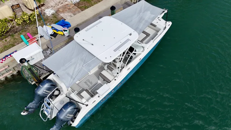 Slide: The Image of Blue 2019 World Cat 255 DC boat with chrome logo on the side. - 14