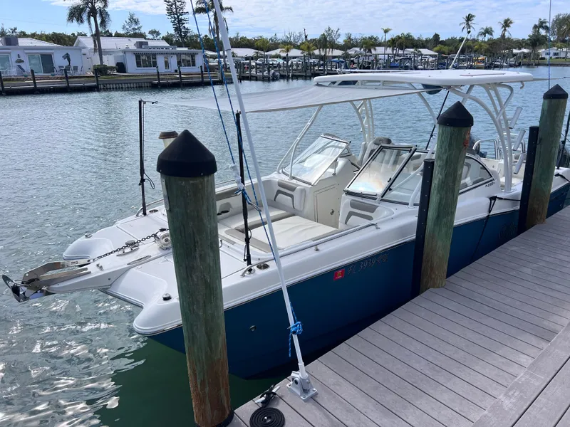 Slide: The Image of Close-up of 2019 World Cat 255 DC boat logo on white surface. - 15