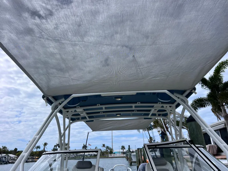 Slide: The Image of 2019 World Cat 255 DC boat with Blackstick, docked by palm trees and water. - 30
