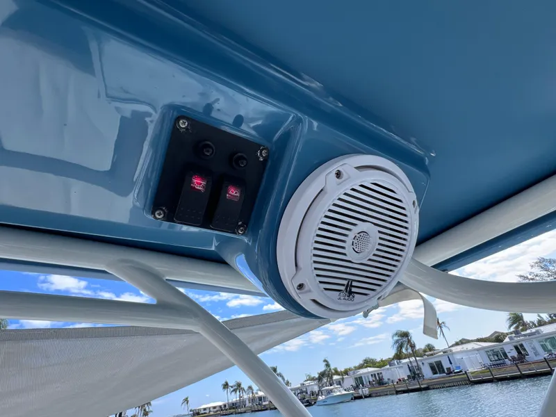 Slide: The Image of 2019 World Cat 255 DC boat interior with grab handle and speaker. - 31