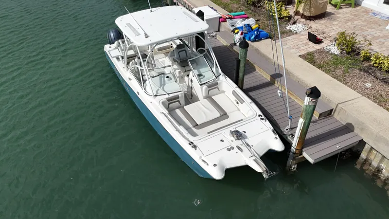 Slide: The Image of 2019 World Cat 255 DC boat on clear blue water, featuring spacious seating and modern design. - 7