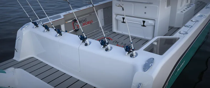 Slide: The Image of 2024 CG Boat Works 34 Tournament fishing boat with multiple rod holders and spacious deck. - 10