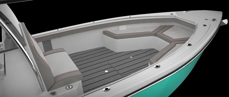 Slide: The Image of 2024 CG Boat Works 34 Tournament, spacious seating, modern design, teal hull, luxury fishing boat. - 11