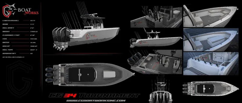 Slide: The Image of 2024 CG Boat Works 34 Tournament fishing boat, detailed exterior and interior views. - 16