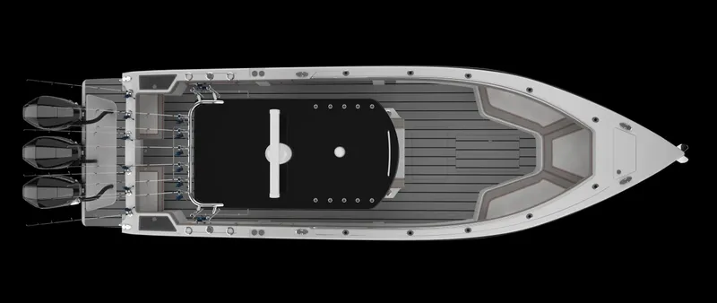 Slide: The Image of Top view of 2024 CG Boat Works 34 Tournament fishing boat with triple outboard motors. - 17
