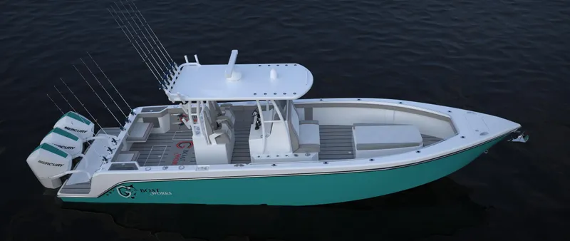 Slide: The Image of 2024 CG Boat Works 34 Tournament fishing boat with triple outboard engines. - 2