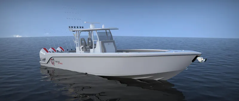 Slide: The Image of 2024 CG Boat Works 34 Tournament fishing boat on calm water. - 22
