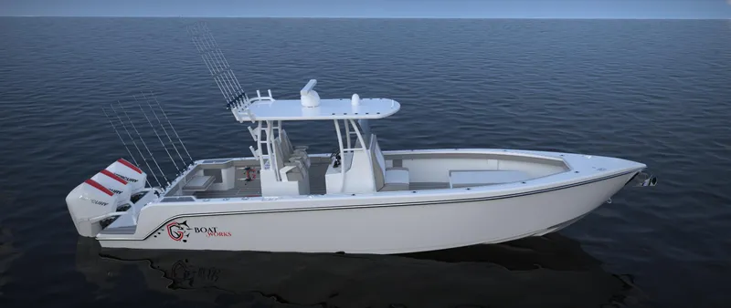 Slide: The Image of 2024 CG Boat Works 34 Tournament fishing boat on calm water. - 23