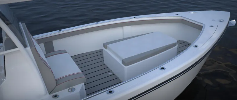 Slide: The Image of 2024 CG Boat Works 34 Tournament bow seating area with cushioned seats and storage. - 26
