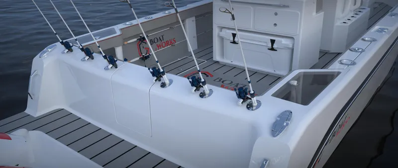 Slide: The Image of 2024 CG Boat Works 34 Tournament fishing boat deck with rod holders. - 27