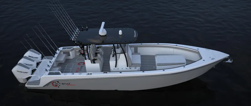 Slide: The Image of 2024 CG Boat Works 34 Tournament fishing boat with triple outboard engines. - 31