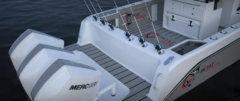 Slide: The Image of 2024 CG Boat Works 34 Tournament with Mercury engines and fishing rods. - 32
